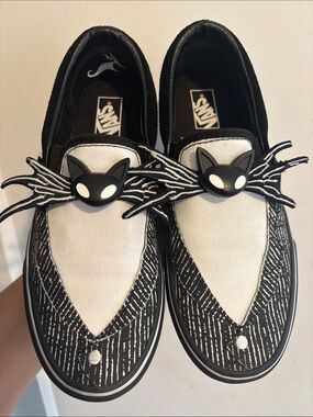 Vans Black and White Cat-Embellished Slip-On Sneakers